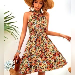 Halter neck Floral Print Ruffle Hem Dress